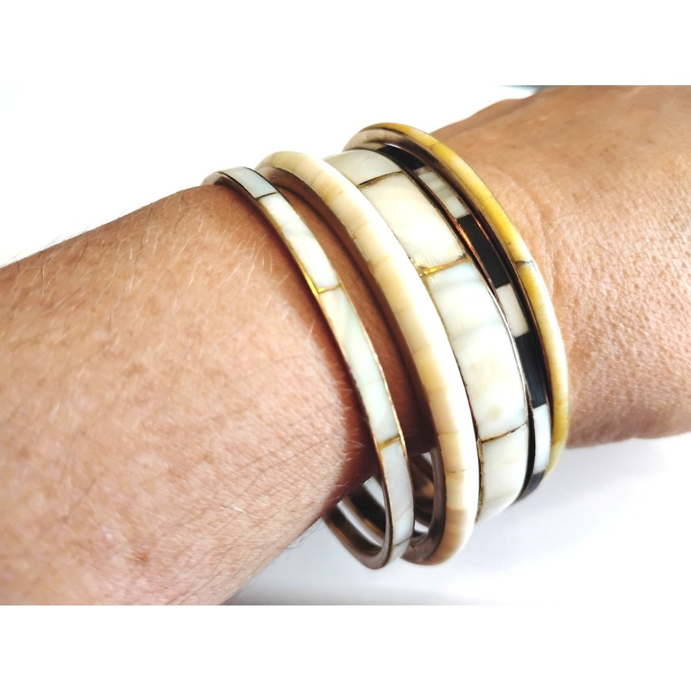 Vintage Mother of Pearl Boho Bangle Stack 5 Pc Bracelet Coquette Peasant y2k - Picture 2 of 5